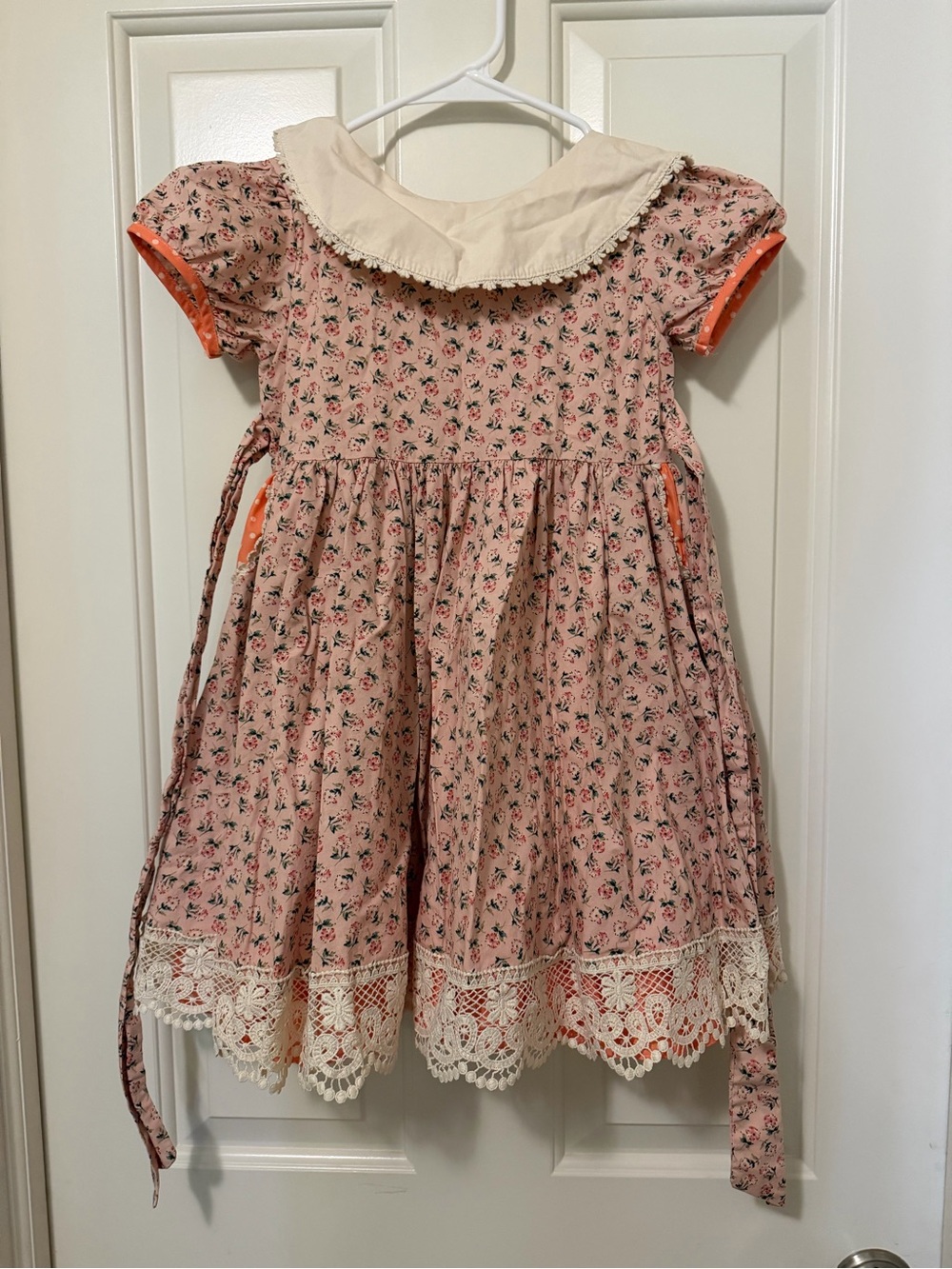 Pink Floral Lace-Trim Girls' Dress with Cream Peter Pan Collar